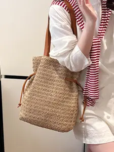 Rattan Drawstring Bucket Bag, Single Shoulder Handbag, Daily Commute, Vacation, Casual Outing, Versatile Women's Bag