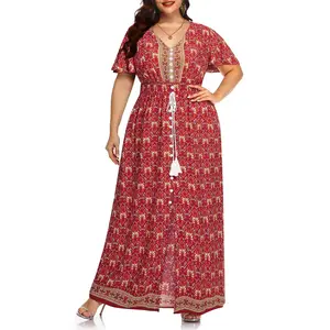 Pinup Fashion Plus Size Maxi Dress Boho for Wedding Guest Long Red Floral Casual Beach Bohemian Summer V Neck Sun Flowy Sundress Slit 2026  SwimWeek  summervibes