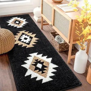 Boho Bathroom Rugs Runner 20x47, Black Aztec Western Bath Mat Non Slip Long Luxury Large Bath Rugs Soft Absorbent Carpet for Shower Kitchen Entryway Modern