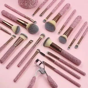 Professional Brush Set for Women TIKTOK VIRAL Rhinestone Makeup Brush Set 23pcs Sparkling Glitter Brushes Eyelash Curler Hairband Pink Red Silver Pro Beauty Tools for Flawless Looks Oily luxurious series Colorful Brush Set with Powder Puff  protip birthda