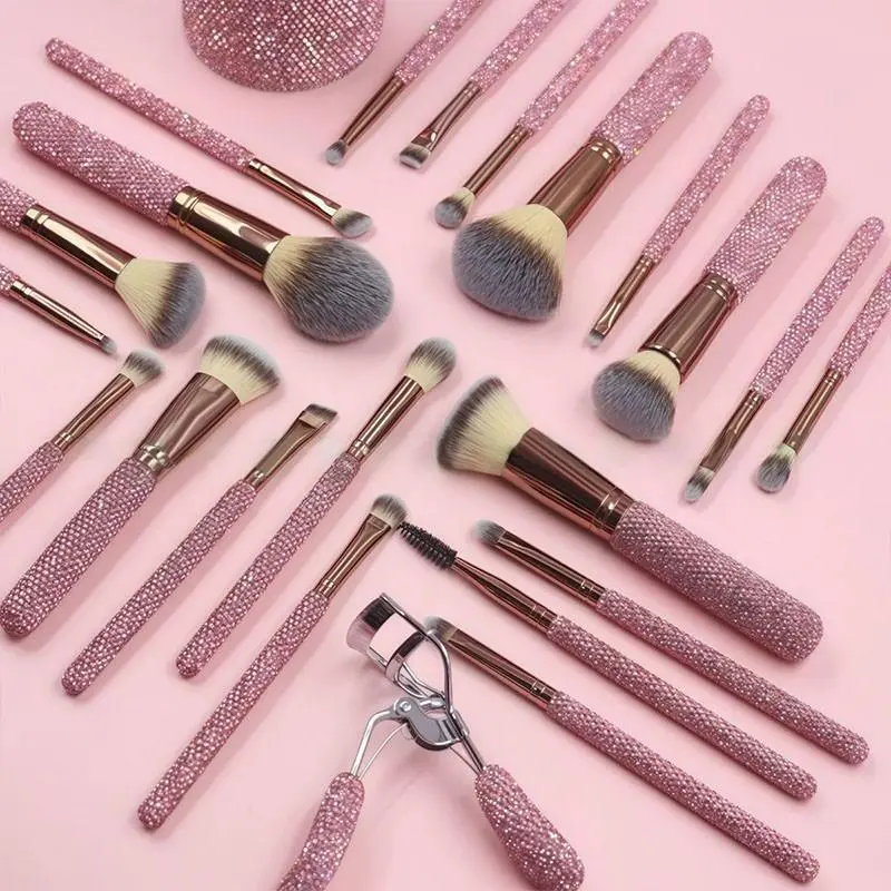 Professional Brush Set for Women TIKTOK VIRAL Rhinestone Makeup Brush Set 23pcs Sparkling Glitter Brushes Eyelash Curler Hairband Pink Red Silver Pro Beauty Tools for Flawless Looks Oily luxurious series Colorful Brush Set with Powder Puff  protip birthda