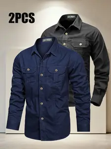 Men's Work Shirt Set, Menswear, Workwear Military Outdoor Long Sleeve, Air Force Army Casual Shirts, Fitted Plain Design, All Seasons Wear, 2 Pieces
