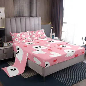 Feelyou Cute Ghost Pattern Bed Sheets Set - Kawaii Soft Microfiber Pink Fitted Sheet, Halloween Room Decor for Kids