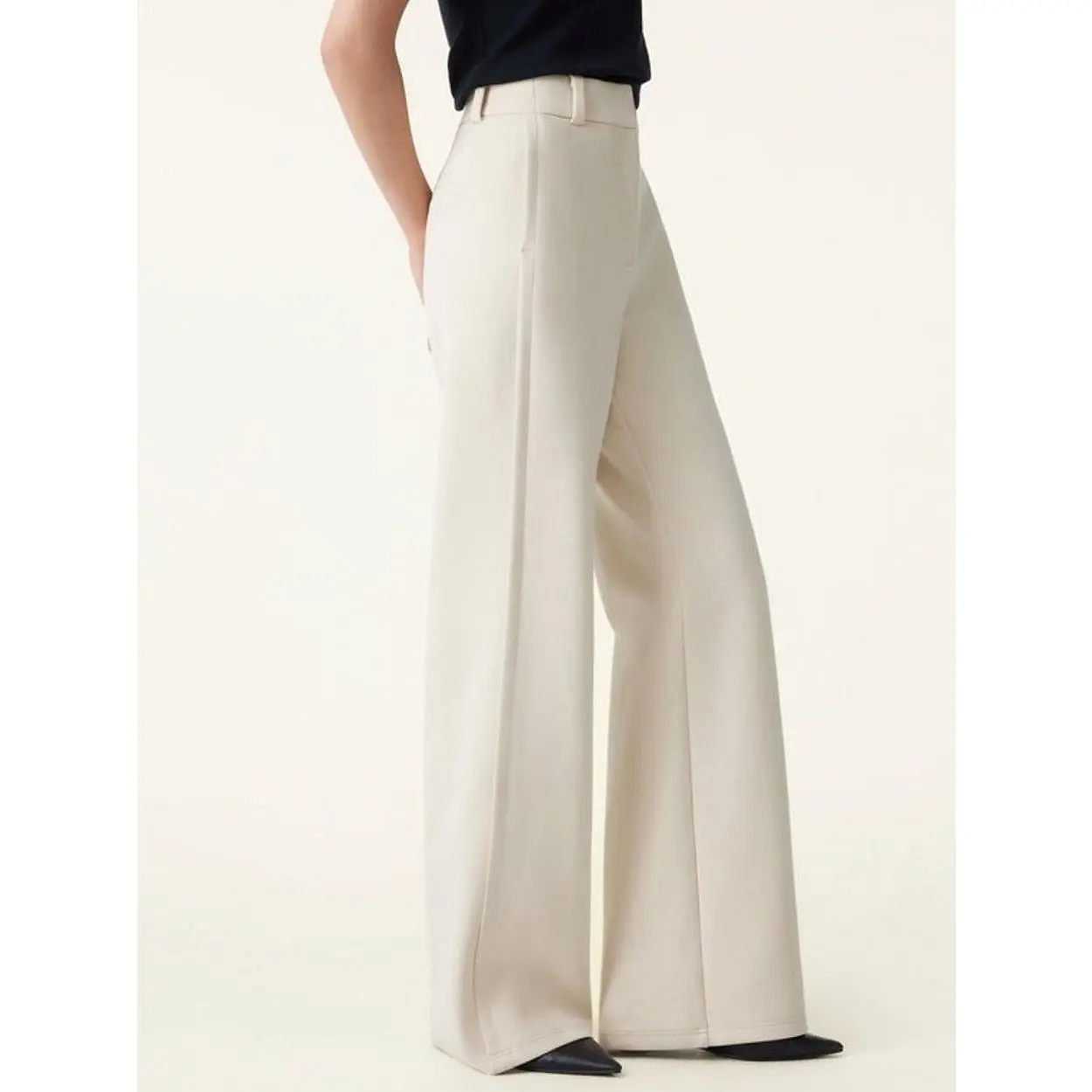 Stretchy Mid Rise Fly-Front Wide Leg Trouser