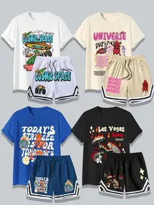 Men's Letter Graphic Short Sleeve Tee & Shorts Set, Regular Fit Casual Round Neck T-shirt & Shorts, Men's Summer Clothes