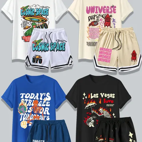 Men's Letter Graphic Short Sleeve Tee & Shorts Set, Regular Fit Casual Daily Loungewear Round Neck T-shirt & Shorts, Men's Summer Clothes Loungewear Menswear