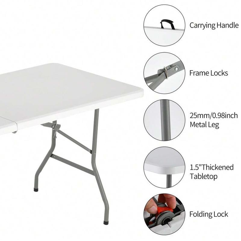 4FT/6FT Plastic Folding Table, Fold-in-Half table with handle, Adjustable Height Outdoor Camping Table for Party, Kitchen and Beach, White - Straight Legs 4FT/6FT Plastic Folding Table, Fold-in-Half table with handle, Adjustable Height Outdoor Camping Table for Party, Kitchen and Beach, White - Straight Legs