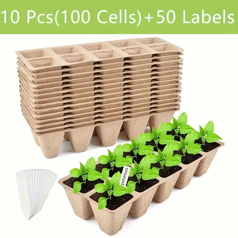 100 Paper PEAT Flower Pots | Retro Style Seed Culture Pots and Trays with 50 Labels, Multiple Components, for Indoor and Outdoor Planting, Transplant Tools, Germination Start-up Kit
