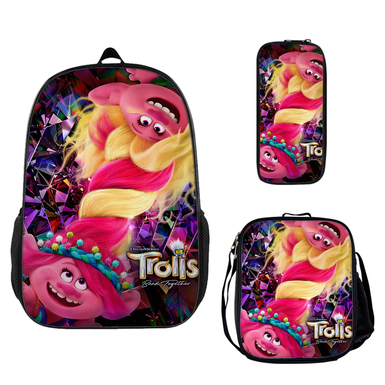 Trolls World Tour Anime Print Backpack 3-Piece Back to School Haul Set - Vibrant Oxford Fabric Large Capacity Bookbag with Insulated Lunch Box, Pencil Pouch, Heavy-Duty Zips, High-Definition Graphics for Boys, Cute Cartoon Lightweight Luggage Bag c-260