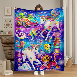 1-Count Lisa Frank Modern Vibrant Print Rainbow Unicorn Alien Flannel Fleece Throw Blanket, Super Soft Warm Fine Fibers Microfiber Bedding, Multi-Size for Couch, Bed (Adults)