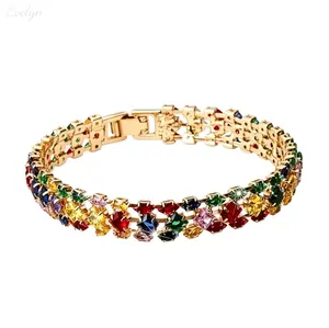 Gold Tone Multicolor CZ Tennis Bracelet, Mixed Cut Pave Rainbow Crystal Link Wrist Jewelry, Sparkly Stackable Band for Daily Wear, Wedding Banquet & Birthday Gift