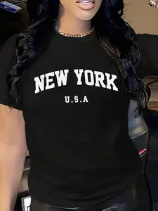 Chic American New York Ladies Pattern T-Shirt - Casual Summer Short Sleeves, Crew Neck, Machine Washable, White, Black Letter Print