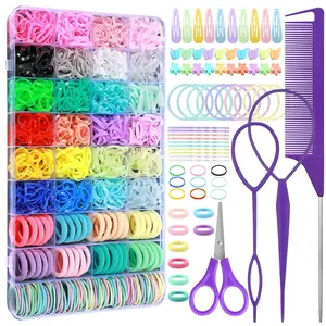 Hair Accessories for Girls, 1784 count Elastic Ties Set 24 Color Rubber Bands With Organizer Box Cotton  Ties Styling Tool Set Clips Elastic  Scissor