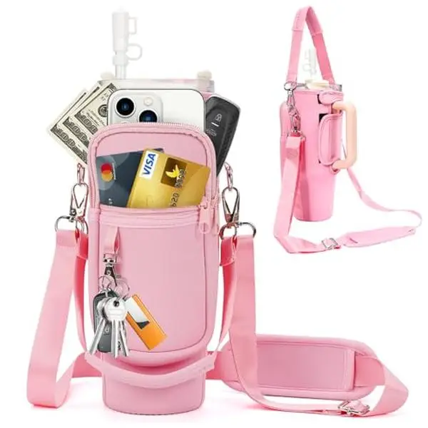 Water Bottle Carrier Bag with Phone Pocket, 40oz Tumbler Bag with 2 Straps, with Straw Cover for Cup, Washable Bottle Holder Kids Drinkware Lightweigh