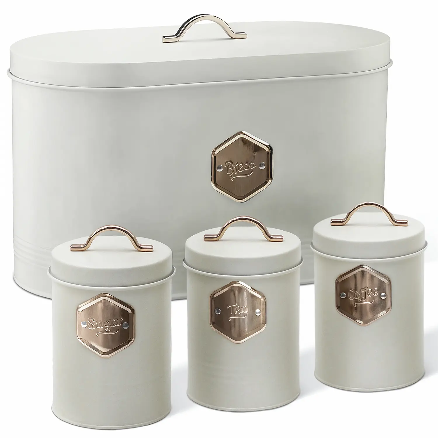 Plexon Bread Box with Tea Coffee Sugar Canister Set (4-Piece), Metal Kitchen Countertop Bread Storage Bin with Lids, Black & Beige