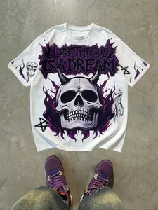 Gothic Skull Graphic Print T-Shirt, Indie Sleaze Demon Pattern, Back Heart Design, Street Style, Festival Wear, Daily, Y2K Vintage Look