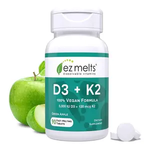 Vitamin D3 K2 Dissolvable Tablets 5000 IU Vegan - Bone Heart & Immune Support, Green Apple Flavor, No Artificial Flavors, Non-GMO - 90 Tablets (90 Servings)