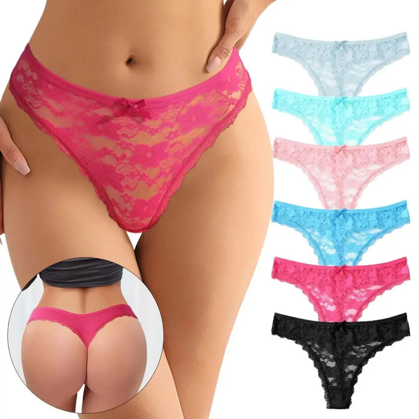 Hotcom Women's Assorted Packaged Thongs, Fitted Seamless Low-Rise Lace Mesh Lingerie, Soft Breathable Nylon 6-Pack
