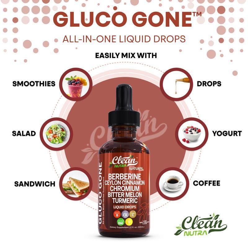 Gluco Gone Organic Ceylon Cinnamon Berberine LiquidDrops Supplement with Bitter Melon Extract GlucomannanGymnema Chromium Turmeric Organic Panax Ginseng