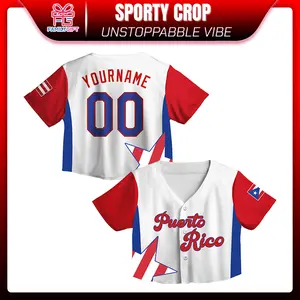 Puerto Rico Flag Baseball Jersey Crop Top – Personalized Name & Number, Red White Blue Patriotic Fan Jersey for Women