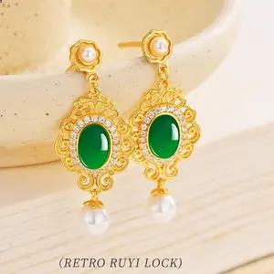 925 Sterling Silver Wish Lock Stud Earrings for Women with Natural Chalcedony and Pearl Beads - Elegant and Mature Jewelry Accessory