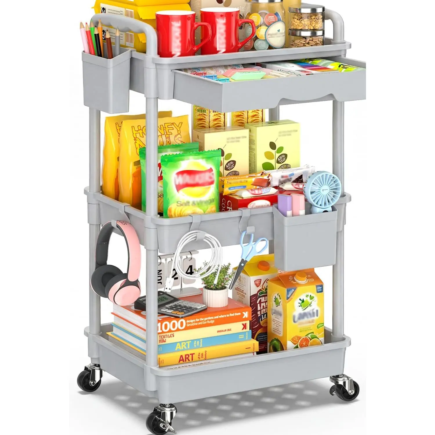 3 Tier Rolling Cart with Drawer, Craft Cart Organizer, Gray| Organizer with 2 Lockable Wheels, Rolling Cart for, Office, Baby, Makeup, Nail,Snack,Laundry