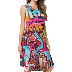 Vibrant Street Graffiti Letter Print Sleeveless Midi Dress | Y2K Hip Hop Summer Swing Dress tea length