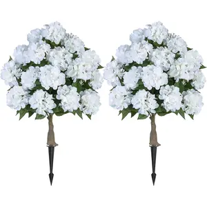 Fake Hydrangea Trees for Outdoors - 2 Packs 33" White Artificial Flower Topiary Ball Trees for Front Porch Decor - 20 Heads Faux Silk Hydrangea Bush Plants with Spike for Garden Yard Patio