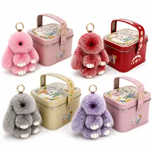 BunnyLulu Fluffy Bunny Keychain with Tin Box, Cute Plush Rabbit Bag Charm for Backpack Purse Keys, Easter Birthday Gift