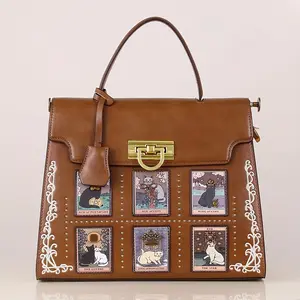 Elegant Custom Handcrafted Embroidered Dream House Handbag, 2024 New Luxury Fashion Shoulder Bag, Vintage Elf Cat Cartoon Crossbody Bag with Turn-lock Closure, Polyester Lined, Solid Color, Edge Painted - Black/Beige