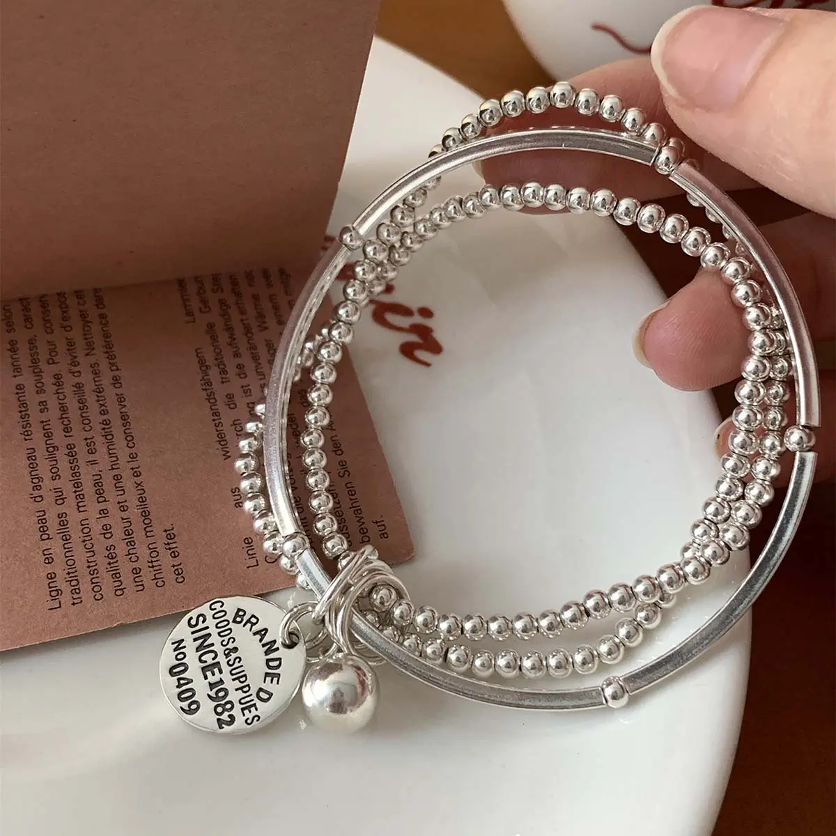 Women's Basic Stacking Bangle, Casual 3-Layer Silver-Tone Adjustable Bracelet with Round Gem Pendant for Daily Wear, Stacking Bangles, 3-Layer Stack