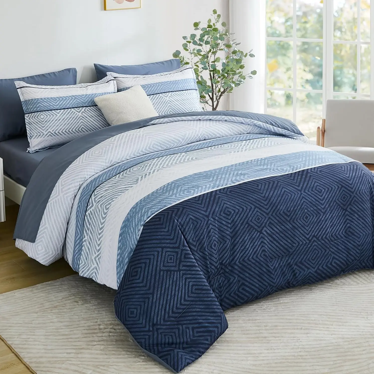 Comforter Set  Size 7 count Bed in a Bag Boho Blue Striped Bedding Set Soft Microfiber Comforter and Sheet Set for  Season (, 90"x90")
