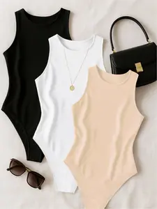 New Slimming Sleeveless Solid Color Underwear Set, European Style Simple Fitted Versatile Tank Bodysuit Three-Piece Suit