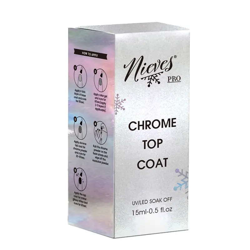 Nieves PRO Chrome Top Coat 15ml - Ultra-Glossy Mirror-Like Finish for Nail Art & Care - Fast-Curing Gel for UV/LED Lamps - Long-Lasting Protection & Easy Soak-Off Removal Pigment Wipe