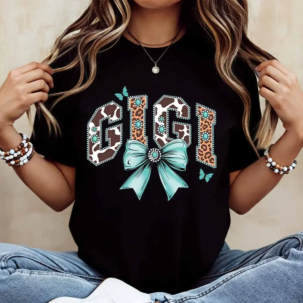 Women's Cotton Crewneck Printed T-Shirt - Gigi Leopard Print with Turquoise Bow, Butterflies, Short-Sleeve, Comfortable Essential for Everyday Leisure, Sports Activities