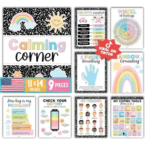 9 Calming Corner Posters for Classroom Must Haves - Calm Down Corner Supplies with Emotions Chart, School Counselor Mental Health Poster, Feelings Chart For Kids, Pastel Classroom Decor