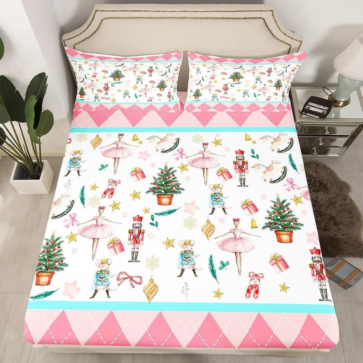Nutcracker Christmas Pink Bed Sheets Sets Xmas Royal Guarder Ballet Princess Fitted Sheet Deep Pockets New Year Pink Buffalo Plaid Bedding Set,NO TOP Sheet