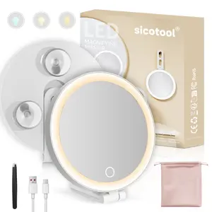 Lighted Makeup Mirror with Magnification, Rechargeable LED Vanity Mirror with 3 Lighting Modes & Adjustable Brightness, Handheld or Suction Cup, Portable Travel Mirror with Storage Bag