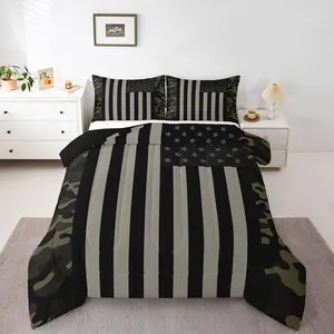 American Flag Comforter Set,Military Camo Down Comforter,Retro Army Green Camouflage USA Flag Bedding Set,Black Grey Stars Stripes Duvet Set
