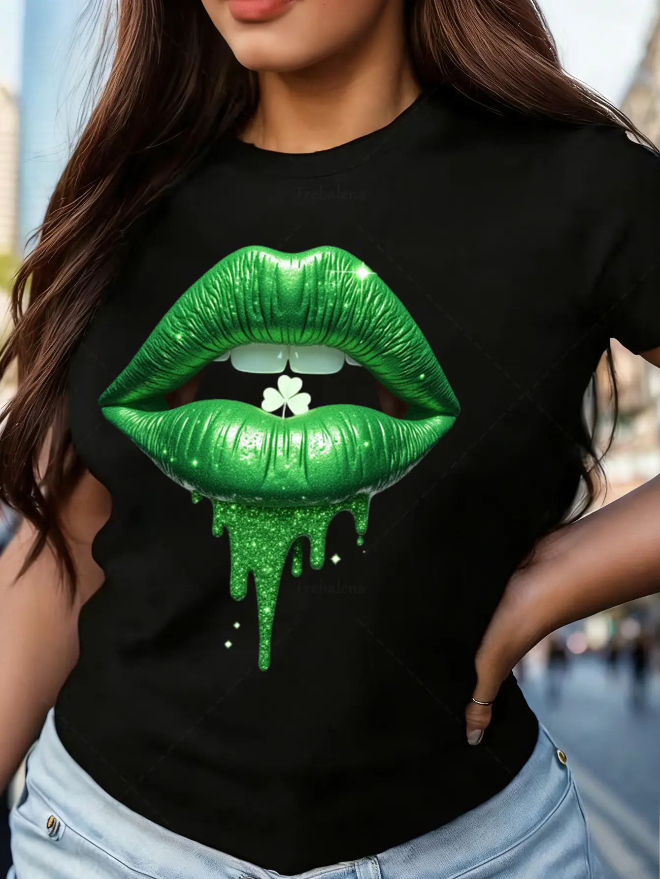 Women'S Green Sequined Lip Print Short-Sleeve T-Shirt - Casual Round-Neck Top with Lip-Shaped Print Design, Machine Washable, Stylish for Spring And Summer, Suitable for Birthday Gifts, Valentine'S Day Outfits, And Everyday Casual Wear