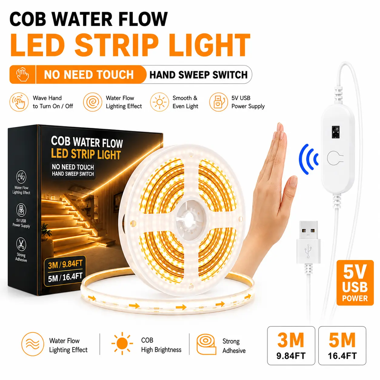 COB Motion Sensor LED Strip - USB, Running Water Effect, Dimmable, 9.84/16.4ft - Ideal for Kitchen, Stairs, Closet (Warm/White)