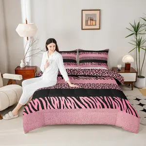 Pink Leopard Print Kids Comforter Set,Zebra Skin Texture Bedding Set,Girls Boys Adults Room Decor,Abstract Animals Skin Stripes Down Comforter,Fashion Romantic Duvet Insert