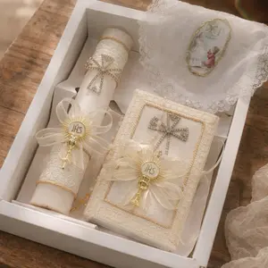 First Communion Candle Set with 8”Candle, Rosary, New Testament & Decorative Elements in Box for Boys and Girls English & Spanish Ivory