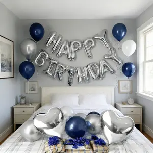 Elegant 61pcs Silver Blue Balloon Set 16 Inch Foil Letter & Heart Balloons Matte Navy Blue Latex Decorations for Birthday Party Celebrations PE Material Multicolor