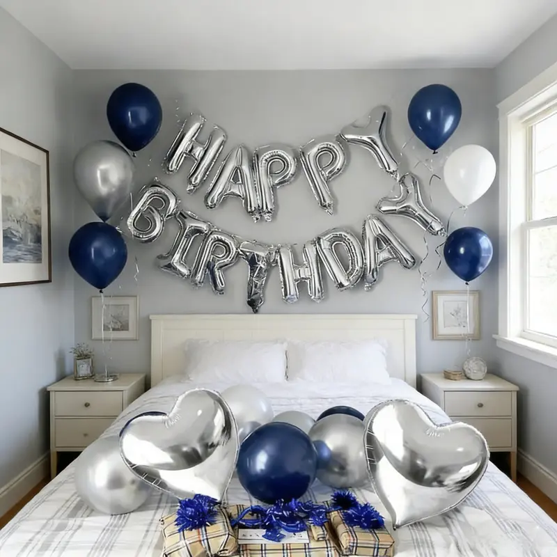 Elegant 61pcs Silver Blue Balloon Set 16 Inch Foil Letter & Heart Balloons Matte Navy Blue Latex Decorations for Birthday Party Celebrations PE Material Multicolor
