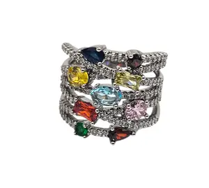 Multi Color Multi Band Silver-Plated Ring