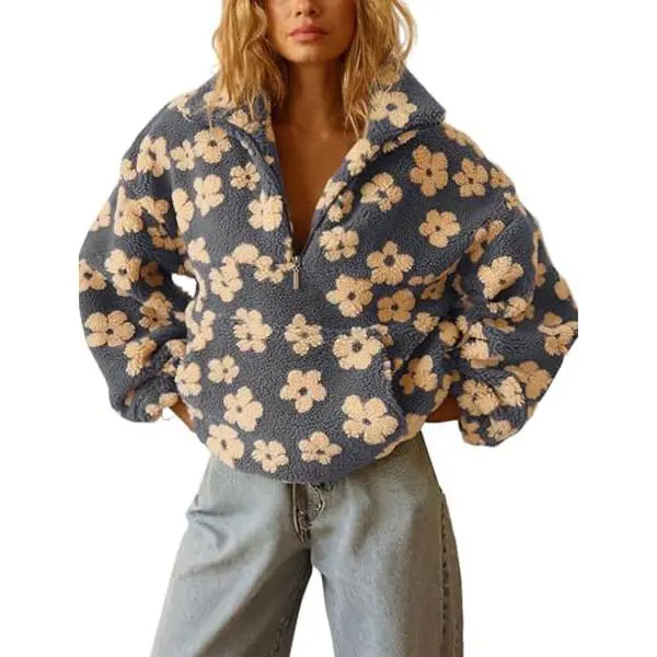 Chouyatou Women Y2k Winter Sherpa Jacket Cute Floral Faux Fur Fleece Sweatshirt Fall Casual Zip Up Pullover