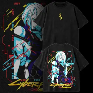 Retro Lucy Cyberpunk Edgerunners Neoncore Graphic Tee Acid Washed Oversize T-Shirt Hoodie Lightweight Cotton Unisex Streetwear Vintage Anime Top Edgerunner Style Limited Edition Gift Futuristic Manga Apparel Casual Urban Fashion Black Graphic Shirt