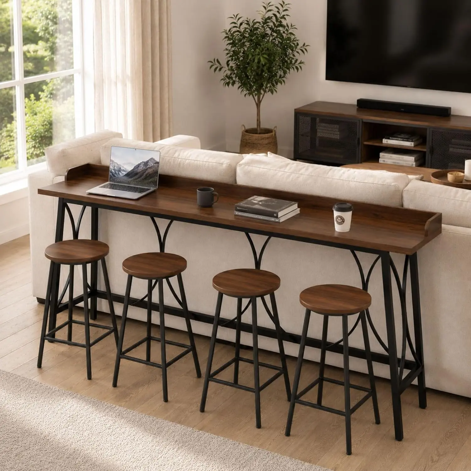 Karl Home 82.3" Industrial Counter Height Bar Table - Brown, Metal Frame, Back Rail, Footrest, Storage Organization, Freestanding Indoor Furniture for Bistro, Dining Room