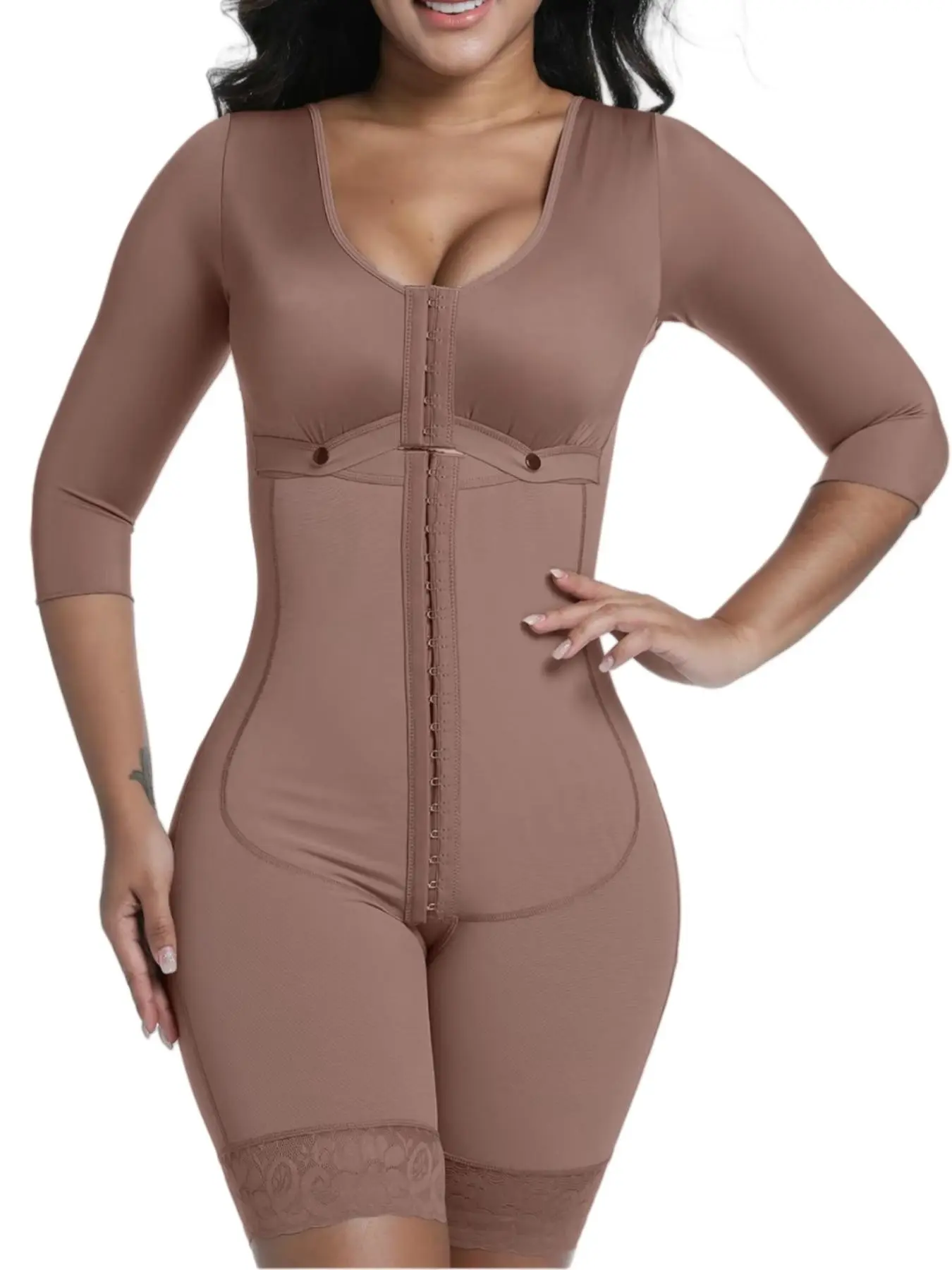 1 Count Women's Long Sleeve Body Shaperwear, Fajas, Colombian, Smooth Shapewear With Adjustable Hooks, Anti-Slip Silicone Edge Body Shaperwear, Butt Lifting And Tummy Control Bodysuit, Shapewear Jumpsuit, Body Sculpting Compression